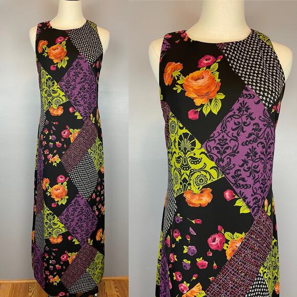 Vintage 1990s Printed Patchwork Polyester Chiffon Maxi Whimsy Goth Med - Picture 1 of 7